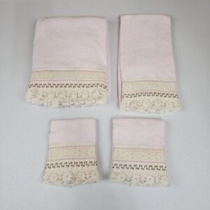 St Marys Vtg 4pc Towel Set Light Pink Lace Embroidered Bath Hand Washcloth